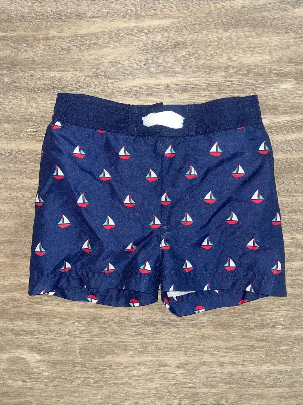 Navy Sailboat Print Kids Swim Shorts